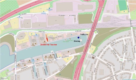 OSM-Karte des Treffpunkts und der Zufahrt zum Innenhafen Duisburg